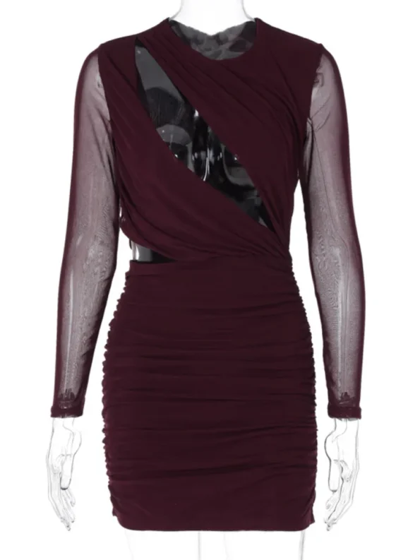 Wine red hollow out sheer mini dress on mannequin