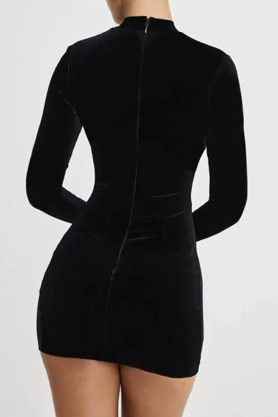 Back view velvet long sleeve sexy mini dress black