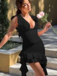 White deep V backless ruffle mini dress.webp