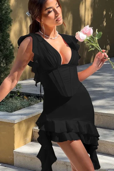 Deep V neck backless black ruffle mini dress with bodycon fit