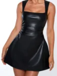 Black PU Leather Mini Dress Front.webp