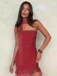 Front view of polka dot scarf collar mini dress