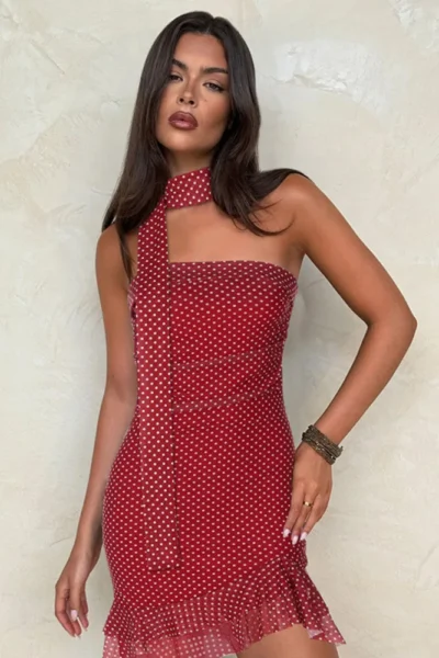 Front view of polka dot scarf collar mini dress