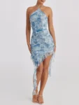 Mozision Blue Floral Print Ruffle Mini Dress Women Summer Off-shoulder Sleeveless Backless Bodycon Club Party Long Dress Elegant