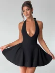 elegant white halter mini dress with deep V neck and A-line shape
