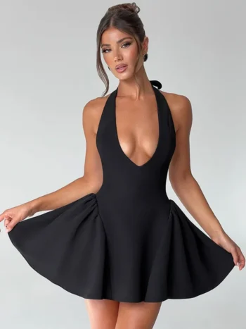 elegant white halter mini dress with deep V neck and A-line shape