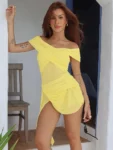 Yellow off-shoulder draped mesh mini dress front view