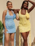 Blue and yellow halter floral pleated mini dresses front view