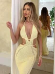 White Hollow Out Halter Mini Dress
