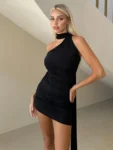 Halter sleeveless black ruched mini dress front view