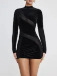 Velvet long sleeve sexy mini dress with mesh patchwork black