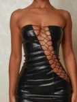 Hollow Out PU Leather Mini Dress Brown.webp