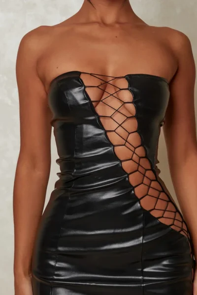 Hollow out PU leather sexy mini dress black strapless