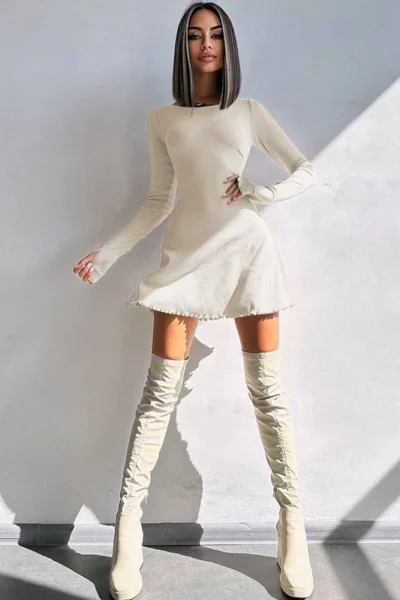 Beige ribbed long sleeve mini dress side view