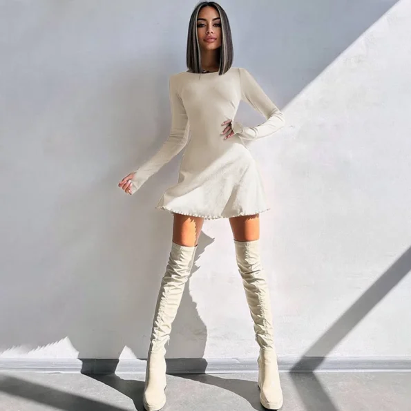 Beige ribbed long sleeve mini dress side view