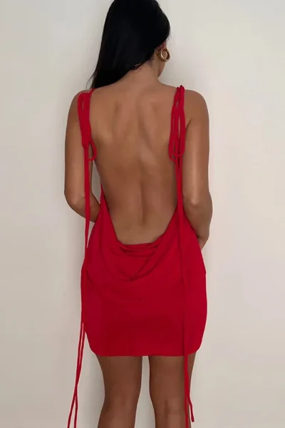 Red spaghetti strap backless mini dress side view