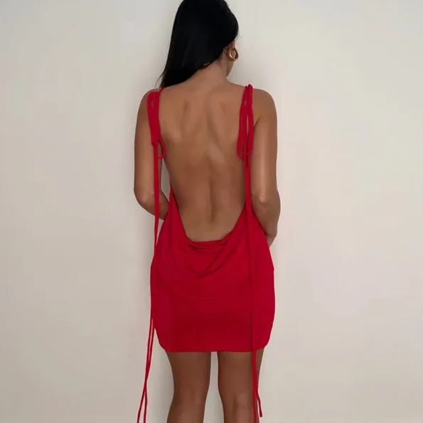 Red spaghetti strap backless mini dress side view