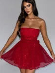 Red Strapless Sparkle Mesh Mini Dress.webp