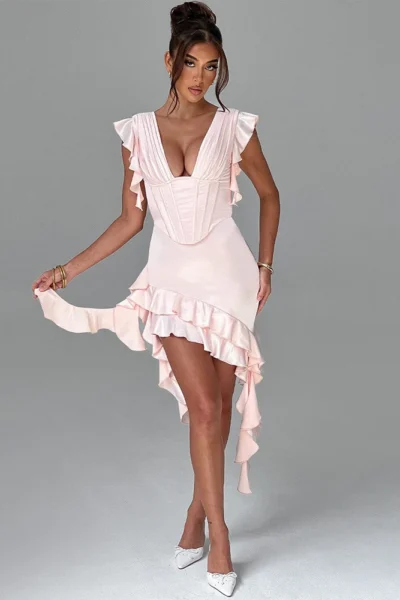 Deep V neck backless blush pink ruffle mini dress with corset bodice