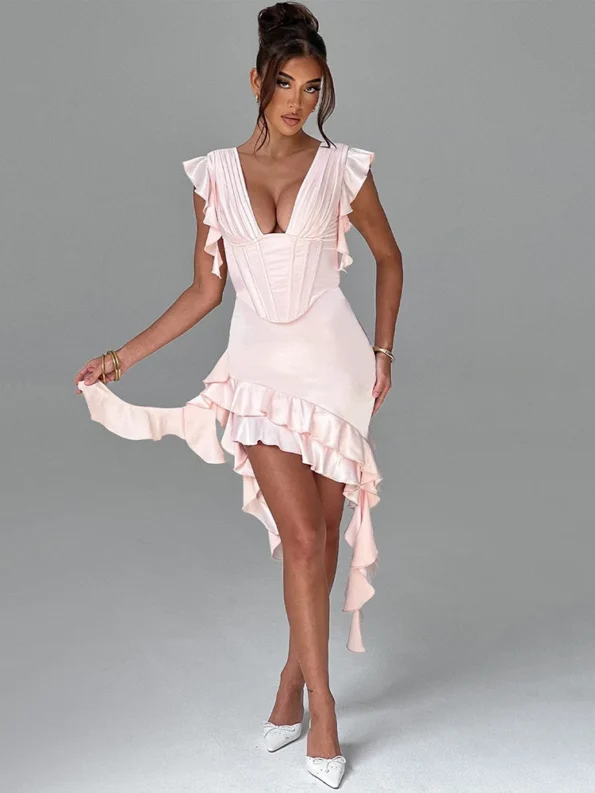 Deep V neck backless blush pink ruffle mini dress with corset bodice