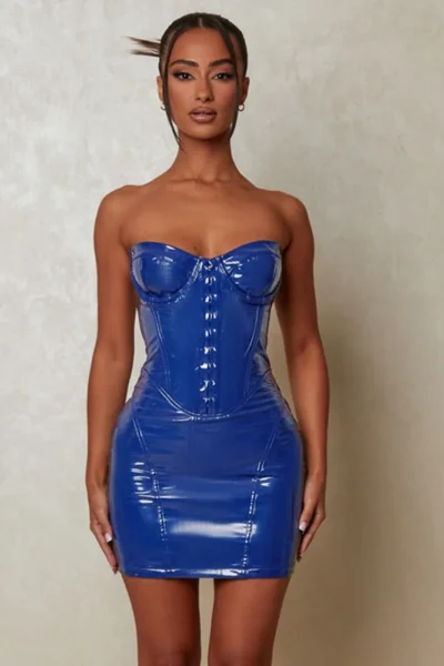 Blue strapless PU leather dress front view