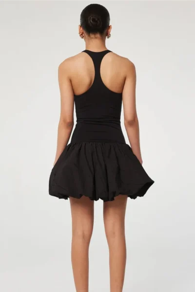Black sleeveless puffy mini dress back view