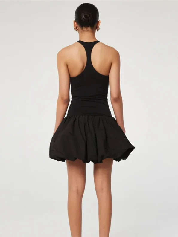 Black sleeveless puffy mini dress back view