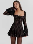 Mozision Elegant Backless Long Flare Sleeve Print Mini Dress Women Fashion square collar A-line Pleated Club Party Sexy Dress