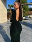 Mozision Glitter Backless Ruched Midi Dress For Women Robe 2023 New Full Sleeve Bodycon Shiny Party Long Dress Vestido