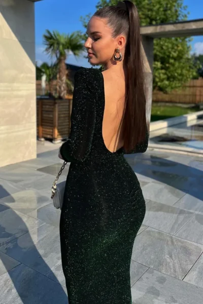 Glitter Backless Ruched Midi Dress For Women Robe 2023 New Full Sleeve Bodycon Shiny Party Long Dress Vestido