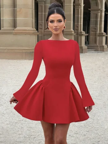 woman wearing elegant long sleeve mini dress for women