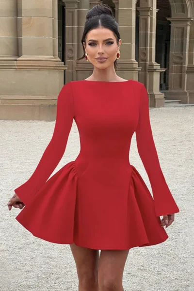 woman wearing elegant long sleeve mini dress for women