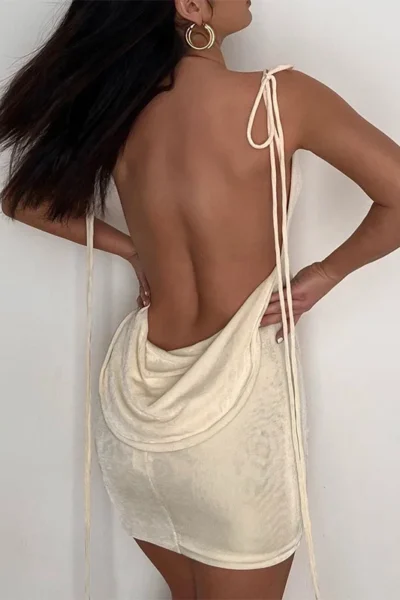 Champagne spaghetti strap backless mini dress front view