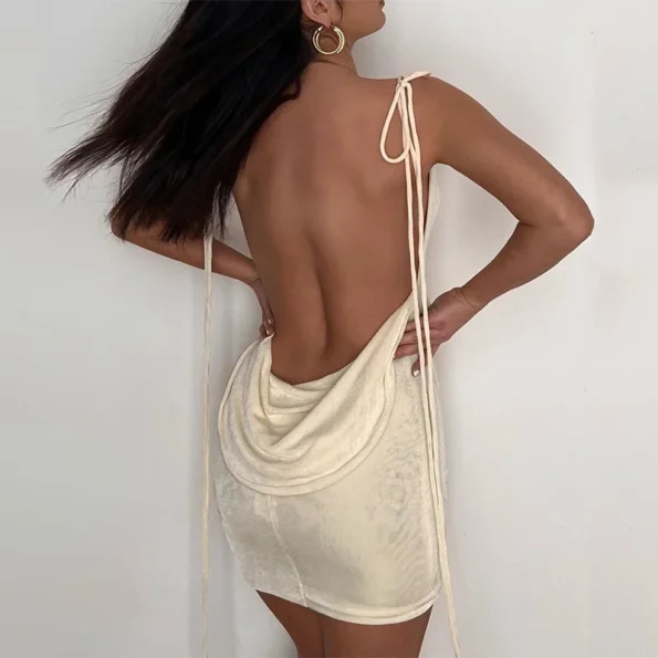 Champagne spaghetti strap backless mini dress front view