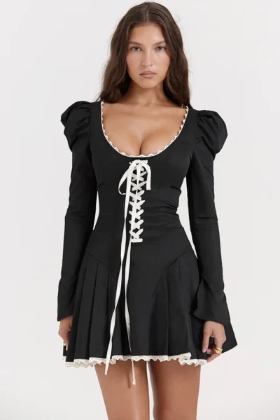 Lace bandage puff sleeve mini dress front view