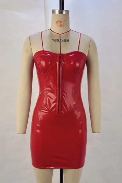 Red PU leather bodycon dress displayed on mannequin