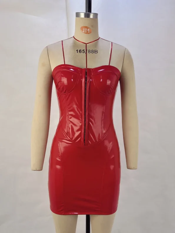 Red PU leather bodycon dress displayed on mannequin