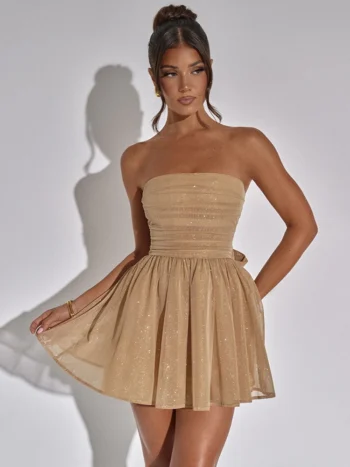 Mozision Mesh Strapless Sparkle Sexy Mini Dress For Women Fashion Backless Bow Pleated Dresses Ladies Club Party Dress Elegant
