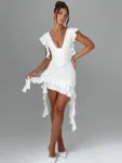 White deep V backless ruffle mini dress.webp