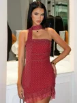 Polka dot scarf collar mini dress front view.webp