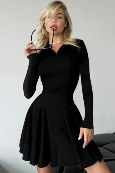 Long sleeve pleated knit mini dress in black