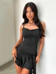 Front view of black draped mini dress.webp