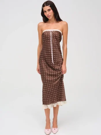 Mozision Lace Strapless Backless Sexy Midi Dress For Women Fashion Off-shoulder Sleeveless Bodycon Polka Dot Dress Elegant