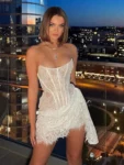 Elegant lace strapless ruched white mini party dress