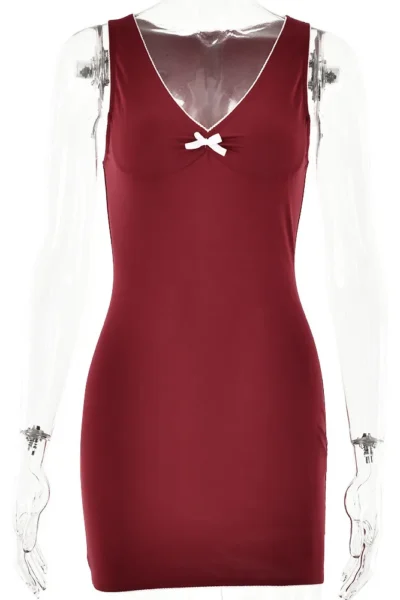 Wine red mini dress displayed on mannequin