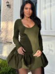 Long sleeve puffball olive green A-line ruffled mini dress with ribbed top
