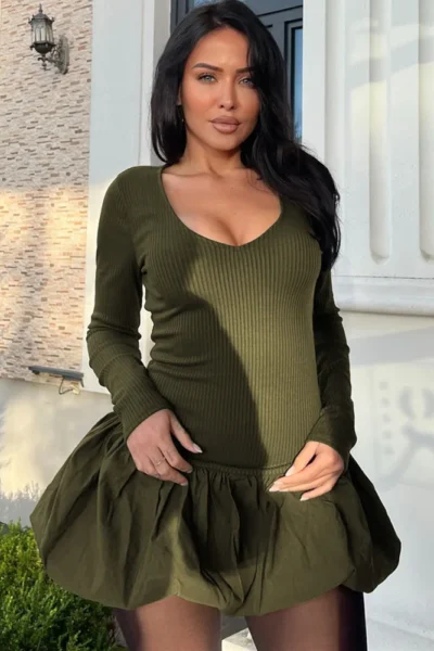 Long sleeve puffball olive green A-line ruffled mini dress with ribbed top