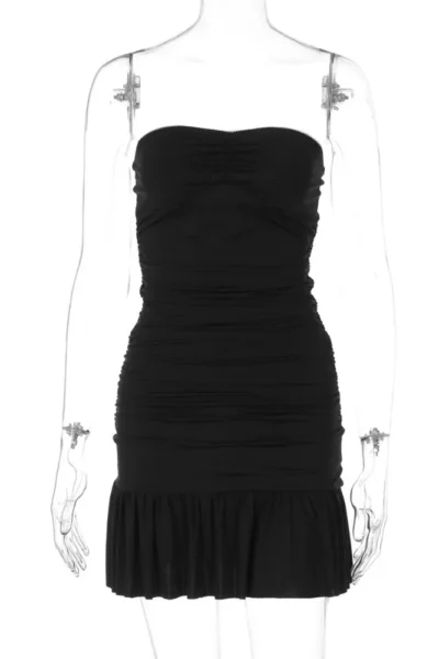Strapless black mini dress displayed on mannequin