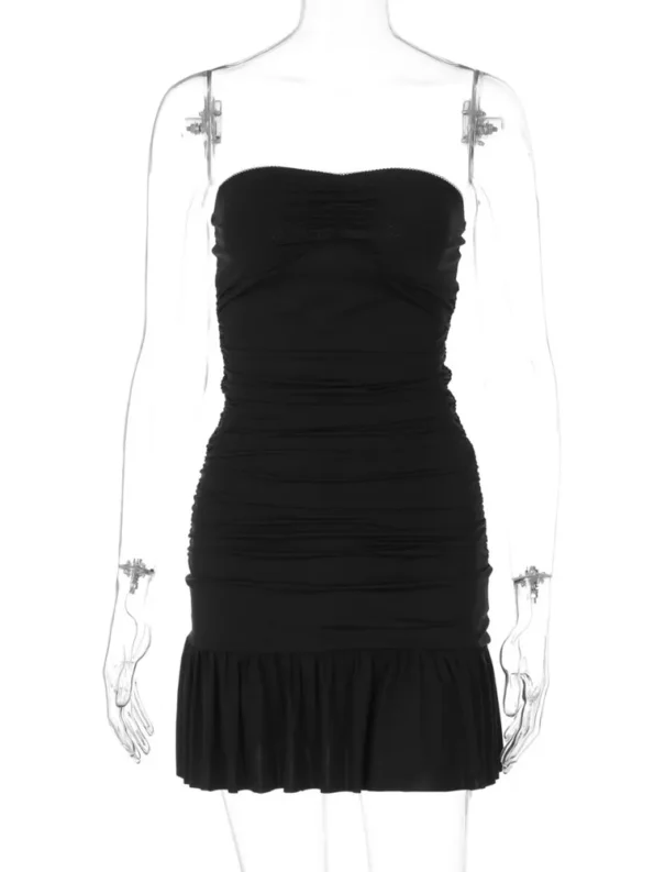 Strapless black mini dress displayed on mannequin