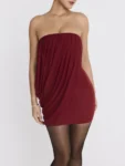 Strapless Wine Red Mesh Mini Dress.webp